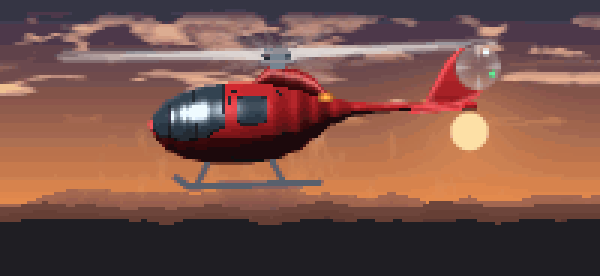A red helicopter hovering over scrolling terrain in a terminal, rotor blurred, at dusk